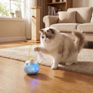 Teeker Pet Cute Cat Face Interactive Wand Toy Touch Sensitive Rocking Tumbler with Track Balls and Ambush Feather for All Age Cats