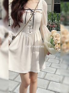 fairy french challis mini semi formal dress for women button down long sleeve dress plus size beige dress korean style