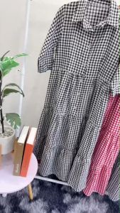 Maxi dress ลายสก๊อต ปกเชิ้ตแขนยาวกระดุมหน้า ทรงโอเวอร์ไซส์ TT3017