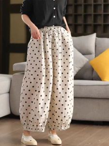 กางเกงขายาวทรงหลวมเอวสูงผ้าลินินผสมคอตตอนลายจุดสำหรับผู้หญิง กางเกงขายาวทรงหลวมสไตล์ลำลอง ฤดูร้อน 2025