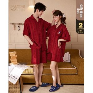 GONGDIE | Newlywed Red Cotton Short Sleeve Couple Sleepwear