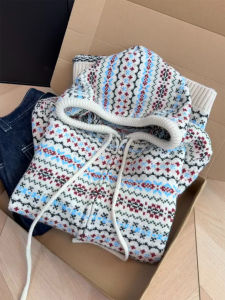 QINGNAER | Fair Isle Patterned Color-blocked Drawstring Hooded Zippered Sweater Jacket