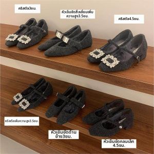 XIANNIWEI | Warm Lined Mary Jane Shoes Gray Water Drilled Chunky Heel