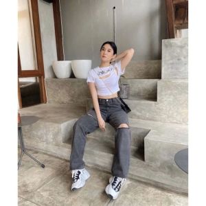 Celana Jeans Sobek Wanita Ripped Highwaist