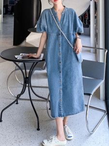 Retro Denim Dress Women Summer Thin Casual Loose Straight Long Skirt Slimming High Waist V-Neck H-Shape Mid-Length Skirt