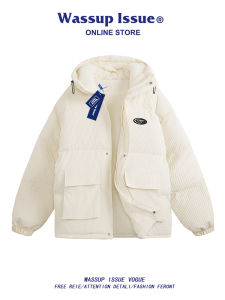 Wassup Issue American Style Trendy Hooded down Cotton Jacket Mens Winter Couple Warm Cotton Outerwear Youth Popular Loose Fit