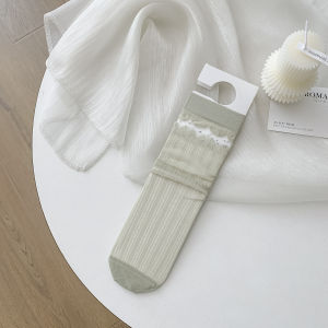 Tất Lưới Thoáng Khí Mỏng Đến Giữa Bắp Chân Cho Nữ Mùa Hè Tất Cotton Tất Dài Màu Trơn Tất Xếp Nếp Tất Mùa Thu Tất