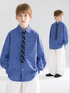MUCMUKN | Plaid Tie-Design Layering Shirt for Boys and Girls Blue Check