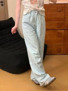 Blue Striped Wide Leg Floor-Length Jeans Womens Textured High Waist Slim Straight Long Pants Design Sensation Slimming Effect