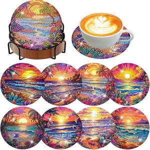 Bộ 8 Miếng Lót Ly Vẽ Tranh Kim Cương Với Họa Tiết Phong Cảnh Acrylic - Bộ Dụng Cụ Thủ Công Mỹ Nghệ Tự Làm Kèm Giá Đỡ Để Trang Trí Nhà Cửa