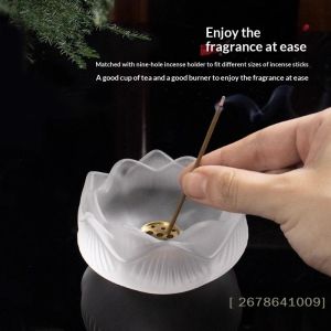 ⚑Lotus Shape Glass Incense BurnerFrosted Glass Incense Holder with 9-Hole Brass InsertDecorative Ash Catcher for Home & Office