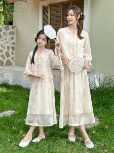 Mother Daughter Matching Hanfu Summer Dresses Girls New Chinese Style Long Sleeve Princess Skirt A-Line Midi Dress Family Set