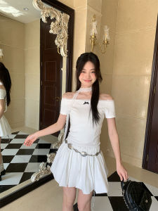 Song Zhengen Lace Trim One Shoulder A-Line Dress Womens Summer New Design Slimming Waist Cinched Midi Skirt Korean Style