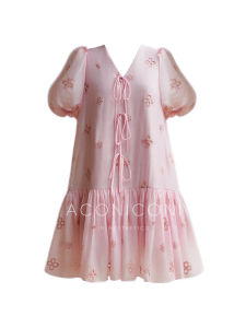 Aconiconi Summer Floral French Sweet Dopaamine Anti-Aging Cute Girl Heavy Embroidery Dress Short Sleeve V-neck Polyester Fiber