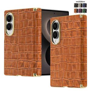 Premium Foldable Phone Case with Crocodile Pattern PU Leather & Gold Trim All-Protective Shockproof Cover for Samsung Z Fold 8 ultra /8/7/6