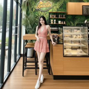 เซ็ต2ชิ้น สีพื้น เสื้อคล้องคอ แต่งลูกไม้ สีพื้น อกสม็อคยางยืด+กระโปรงกางเกง เอวยางยืด ระบายสองชั้น ผ้าร่องโพลิเอสเตอร์ ชุดไปปาร์ตี้ #2115