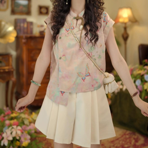 Shalldoer | Summer Beautiful Butterfly Print Sleeveless Shirt A-Line Pleated Short Skirt Two-Piece Set Womens Fashion New Chinese Style