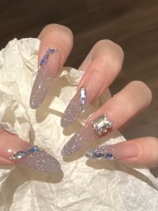 Handmade Long Oval Wearable Nail Art Blue Diamond Flashing Pure Desire Style White Enhancing Advanced Feeling New Model Nail Tips