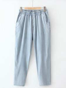 กางเกงยีนส์ผู้หญิงไซส์ใหญ่แบบใหม่สไตล์เกาหลีฤดูร้อนปี2023กางเกงฮาเร็มผ้าไหมลายทแยงผ้ายืดเอวยางยืดสำหรับสาวอวบ