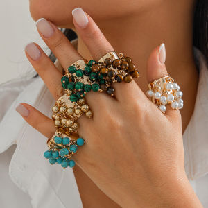 Salircon Trendy Imitation Pearl Stone CCB Small Ball Ring Womens Man 2024 Vintage Street Punk Hip Hop Ring Female Jewelry