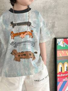 Childrens Short Sleeve T-Shirt Cotton Tie Dye Cartoon Print Casual Loose Fit Summer Fashionable Half Sleeve Korean Style