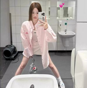 Áo Sơ Mi Nữ Cổ Polo Tay Dài Rộng Rãi Màu Hồng Kẻ Sọc Cổ Điển Mỹ Áo Khoác Ngoài Thường Ngày Xuân Thu