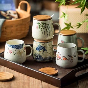 350ml Japanese Retro Ceramic Coffee Cup With Lid and Spoon Heat Resistant Stable Design For Milk Tea Breakfast Home Office Gift