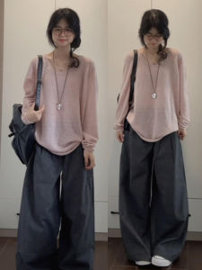 Loose Fit Womens Pale Pink Knitwear Long Sleeve Sweater Overhead Style Soft Elastic Crew Neck Top Trendy Korean StyleLazy Summer Casual V- Neck Coat Girl Outfits Everyday Outings Fashion Sensation Korean High Feelings