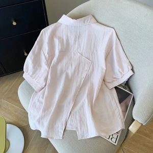 Korean Style Fresh Pure Color Thin Short Sleeve POLO Collar Back Split Shirt Summer Lightweight Breathable Womens Business Casual Top