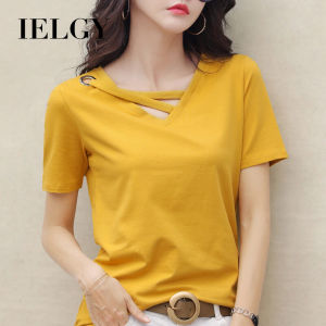 IELGY short sleeve womens T-shirt V-neck loose Korean style casual top