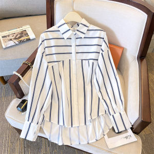 Loose Artistic Long Sleeve Cotton Shirt for Women with Stripes and Asymmetry Design Casual Work Clothing for Spring and Autumn
