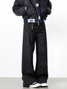 กางเกงลำลองชาย American Retro Folded Design CleanFit กางเกงขายาวทรงตรงสีดำ กางเกงขายาวทรงตรงทรงขาบานสำหรับผู้ชาย