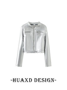 Hua Xiao Tao American Style Silver Shiny Motorcycle Jacket Womens Short Zipper Cool Handsome Outerwear Trendy Streetwear