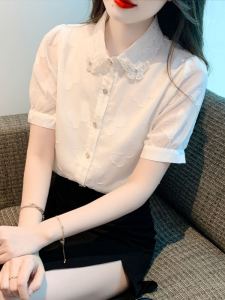 Fashionable Ladies Summer Short Sleeve Cotton Casual Shirt Beautiful and Unique Doll Collar Top Quality Shirt