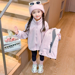 Thickened Three-in-One Detachable Fleece Childrens Raincoat Set Baby Winter Clothes Girls Outdoor Casual Style Hooded Jacket