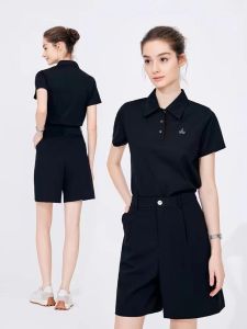 Black Short-Sleeve Silk Polo Shirt Womens Light Stretchy T-Shirt Summer Thin Elastic Business Casual Classic Straight Leg Sweatshirt