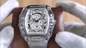 นาฬิกาควอตซ์โปร่งใสแฟชั่นผู้ชายรูปตัวถังบุคลิกภาพนาฬิกาสำหรับผู้ชายนาฬิกาข้อมือกันน้ำ