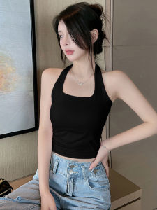 Black Halter Neck One-Piece Vest Women Summer Outerwear Beautiful Back Strap Chest Pad Bra Base Layer Matching Camisole Top