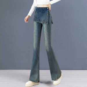 Retro American Denim Flared Pants Womens High Waist Slimming Horse Hoof Jeans Cotton Stretch Blue Autumn New Arrival