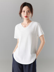 Summer White Layered Silk Loose Shoulder T-Shirt Womens V-Neck Short Sleeve Casual Comfortable Breathable Regular Fit Top
