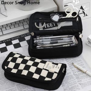 【Free Shipping】Large Capacity Canvas Pencil Bag Stationery Simple Checkerboard Pencil Case Student Stationery Storage Ins Style