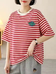 Loose Fit Striped Cotton T-Shirt Womens Summer round Neck Pure Cotton Body Shirt Artistic Commute Style Short Sleeve Top