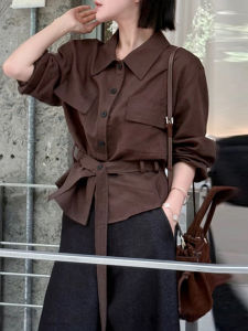 Shalldoer | Áo sơ mi nữ dài tay thời trang mùa thu 2025 dáng rộng cổ polo không tay áo sơ mi thường ngày thoải mái