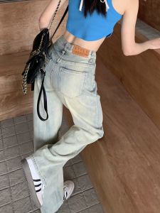 American Style Light Blue Jeans High Waist Thin Loose Womens Straight Leg Pants Spring Autumn High Waist Wide Leg Jeans