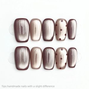 10pcs Handmade Brown Silver Polka Dot Press on Nails Square Full Cover Wearable Reusable Elegant False Nails 2026