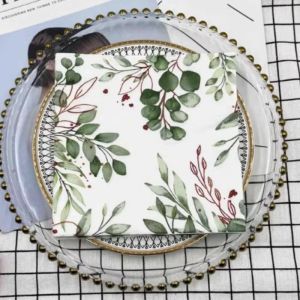 กระดาษเช็ดปากพิมพ์ลายแพค20ชิ้น/แพคใบไม้สีเขียวกระดาษรองจานกระดาษแก้วใส่ดอกไม้ไวน์ปาร์ตี้งานแต่งงานกระดาษบาร์ทกระดูกผีเสื้อแบบทำมือ