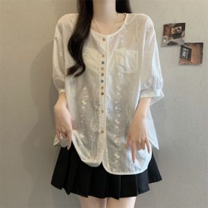 Slimming Colorful Buttons Design Lace Jacquard Short Sleeve Base Shirt