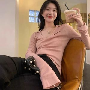 Áo Len Dệt Kim Cổ Chữ V Tay Dài Màu Xám Cho Nữ Mùa Thu Thiết Kế Áo Lót Bên Trong Áo Len Cardigan Phong Cách Hàn Quốc