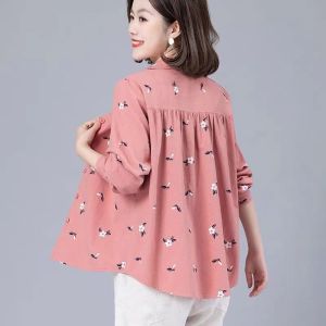 Spring New Style Large Size Loose Long Sleeve Shirt for Middle-Aged Mothers Fashionable Scarf Korean Version Cotton Polyester Blend