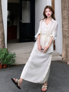 YINLUOYA | 2025 New Long Skirt Set French High-End Korean Style Off-White Shirt Strap Dress Two-Piece Womens Clothing Polo Collar Button